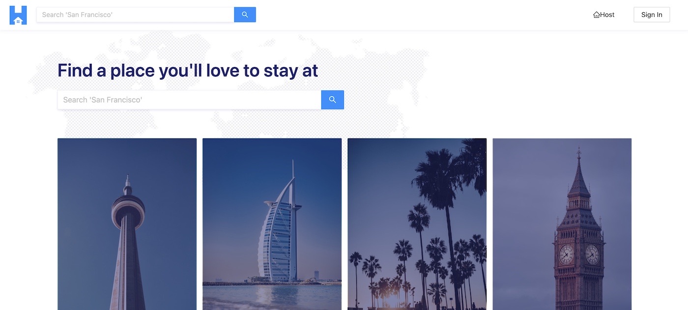 Screenshot of the home screen displaying a search bar and four images of popular locations